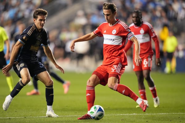 Oct 26, 2025; Chester, Pennsylvania, USA; Chicago Fire FC defender Jack Elliott (3) passes the ball against Philadelphia Unio